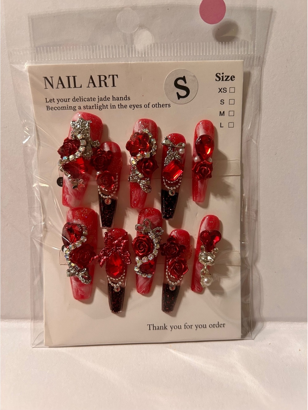 Red 3D Floral Rhinestone Nail Art Set Size S